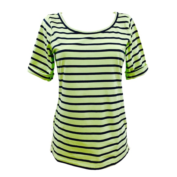 Theory Tops - THEORY Pale Lime Green & Blue Nautical Striped Tee